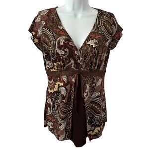 Vintage Womens Paisley Floral Babydoll Top Brown Lace Trim Boho 90s Y2K